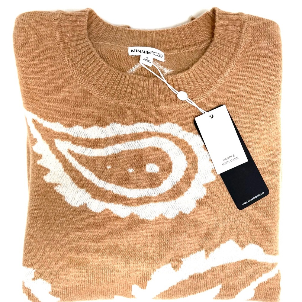 Minnie Rose Camel and Ivory 100% Cashmere Sweater NWT